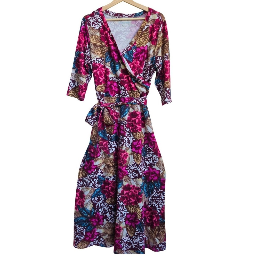 Soft Surroundings Floral Faux Wrap Midi Dress Petite Medium Luau Beach‎ Office